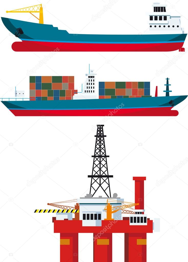 Cargo ships and oil platform