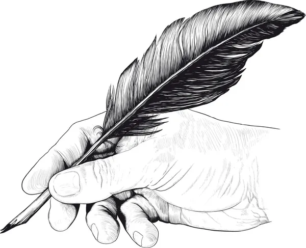 Drawing of hand with a feather pen — Stock Vector