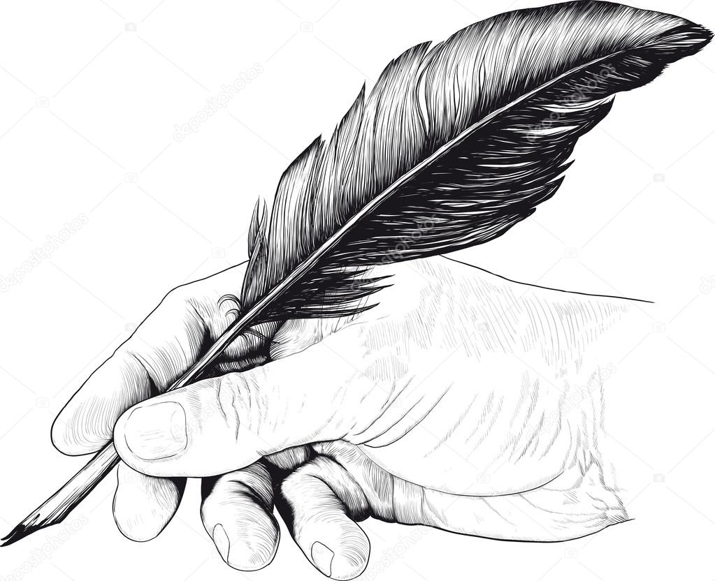 Drawing of hand with a feather pen