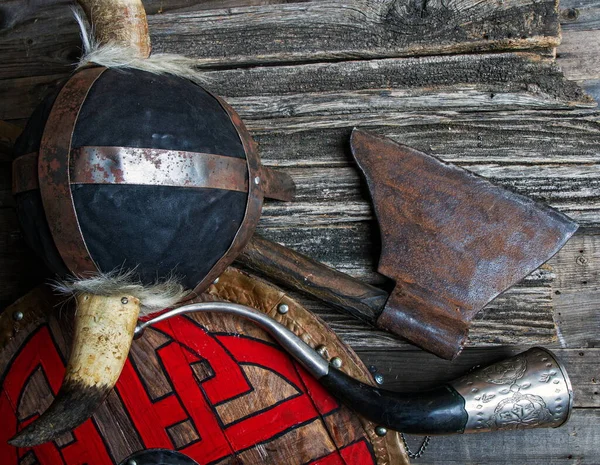 Battle Horned Helmet Signal Horn Shield Covered Viking Runes Rough — Stock Photo, Image