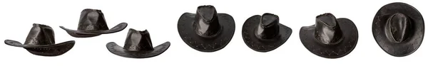 Conjunto Preto Clássico Aba Larga Chapéu Cowboy Várias Posições Isoladas — Fotografia de Stock