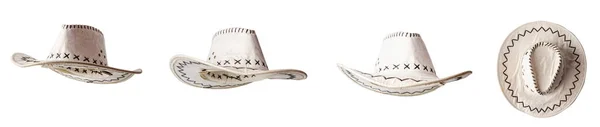 Set White Klassische Breite Krempe Cowboyhut Mehreren Positionen Isoliert Auf — Stockfoto