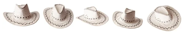 Conjunto Branco Clássico Aba Larga Chapéu Cowboy Várias Posições Isoladas — Fotografia de Stock