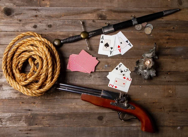 Playing Cards Pirate Style Weapons Spread Out Rough Wooden Table —  Fotos de Stock