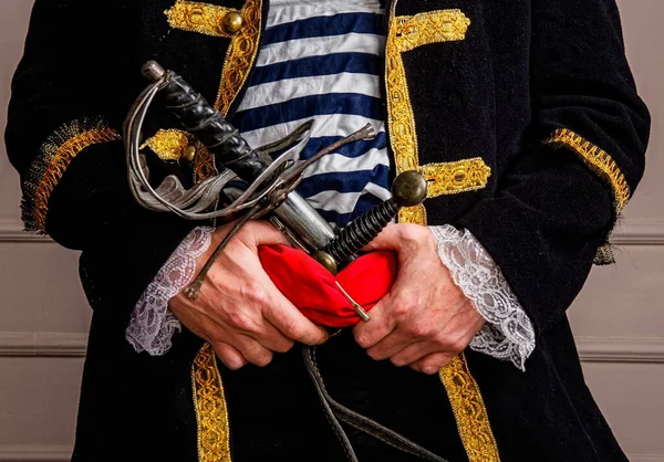 Brave Armed Pirate Captain Frock Coat Vest Sword Dagger Close — Stock Photo, Image