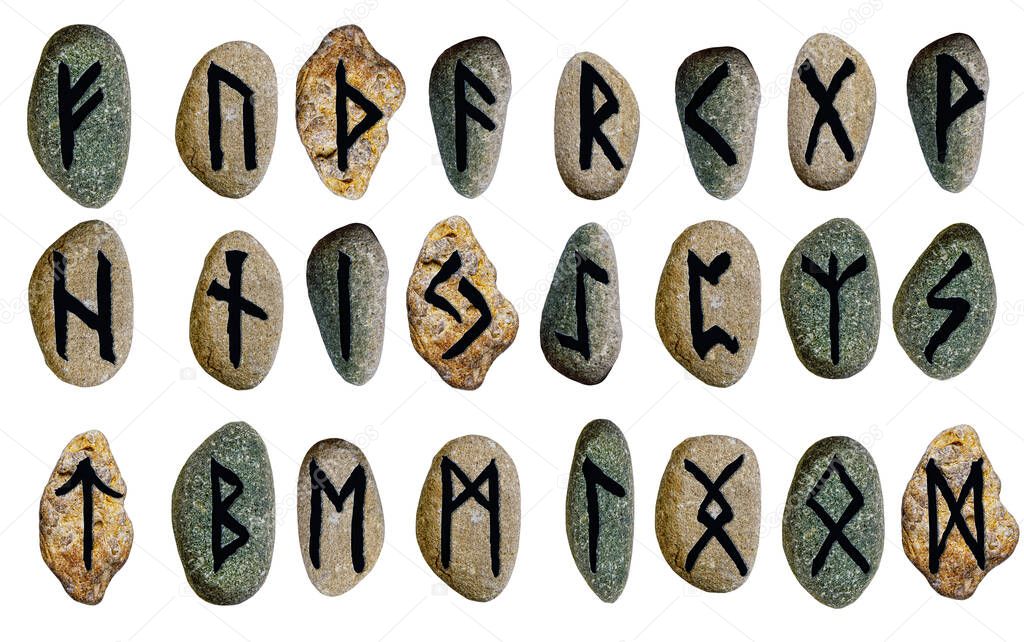 set of scandinavian viking alphabet runes on stones isolated on white background 