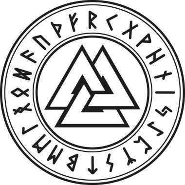 Antik İskandinav sembolü valknut işareti düşmüş savaşçıların düğümünün yanı sıra Odin 'in işareti rünlerle çevrili. 