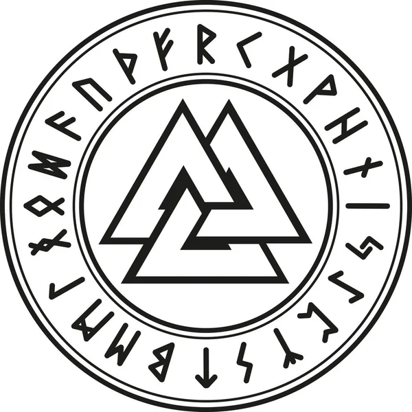 Antik İskandinav sembolü valknut işareti düşmüş savaşçıların düğümünün yanı sıra Odin 'in işareti rünlerle çevrili. 
