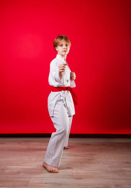 Een Jong Meisje Karateka Een Witte Kimono Een Rode Gordel — Stockfoto