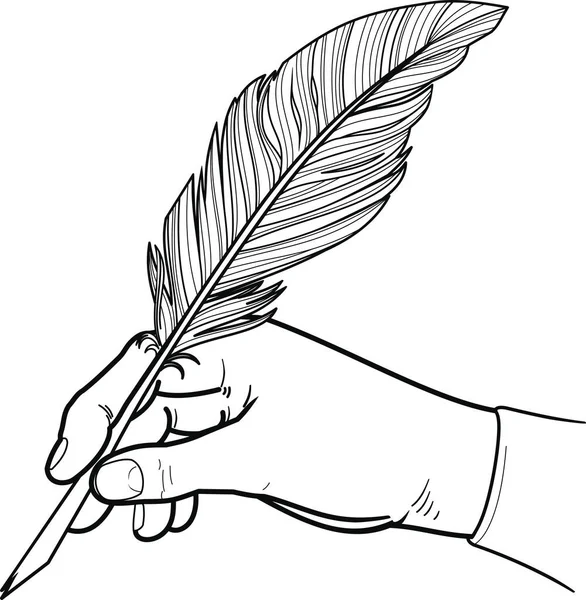 Male Hand Holding Bird Feather Pen Writing Drawing Black White — Stock Vector