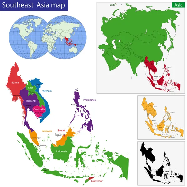 Sudeste Asiático mapa — Vector de stock