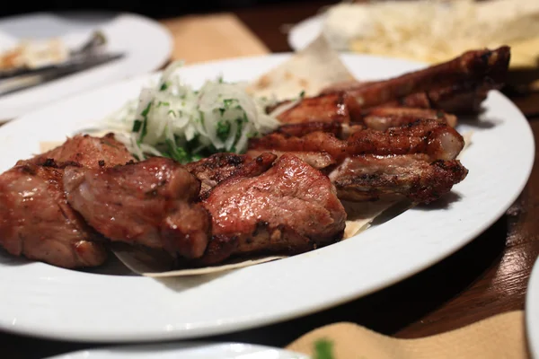 Shish kebab with onion rings — Stock Photo, Image