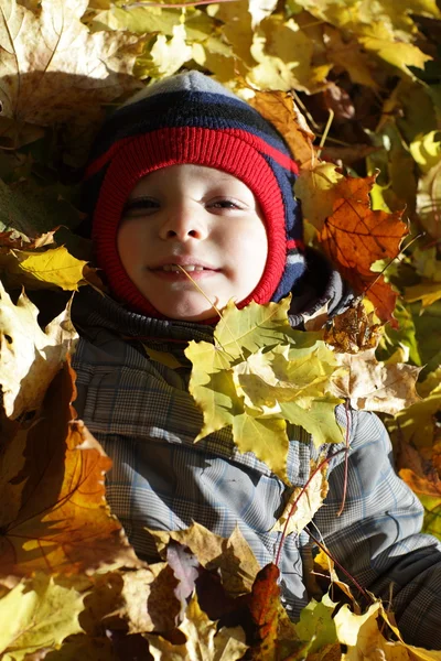 子供は葉に横たわっています。 — ストック写真