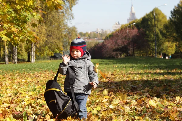 Sırt çantası ile yürümeye başlayan çocuk — Stok fotoğraf