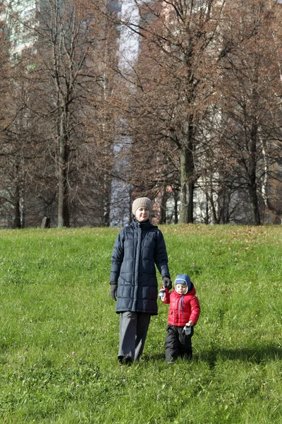 Familia caminando sobre una hierba — Foto de Stock