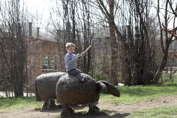 Garçon sur un mouton en bois — Photo