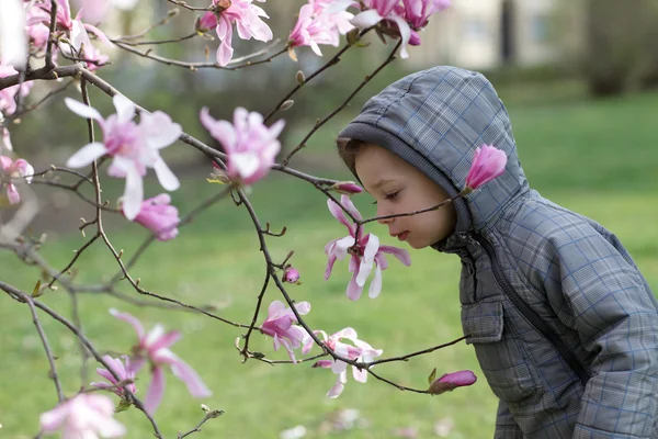 Gyermek egy virág illatú — Stock Fotó