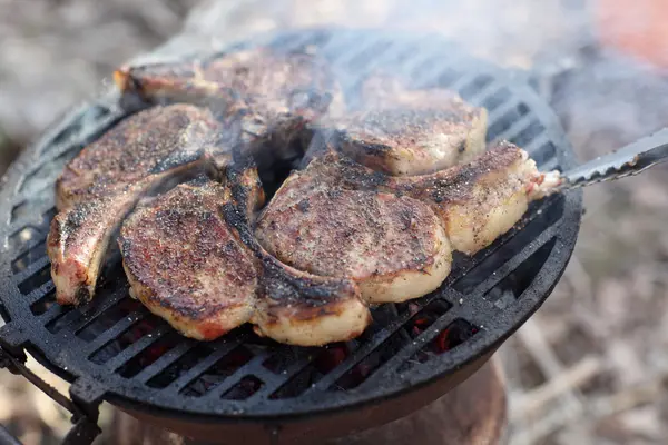 Bir barbekü ızgara et çeşitleri birçok adet ızgara. seçici odak. — Stok