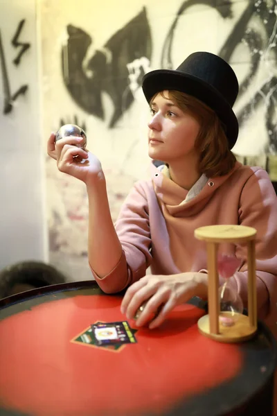 Portrait Thinking Woman Top Hat Holding Magic Ball — Stock Photo, Image