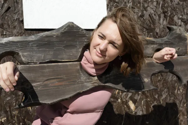 Portrait Woman Wooden Pillory Outdoor — Stock Photo, Image