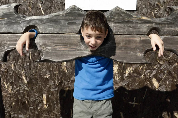 Портрет Мальчика Деревянной Колонне Открытым Небом — стоковое фото