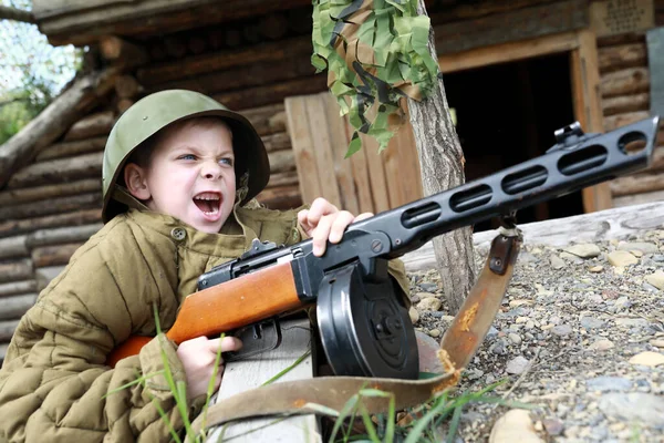 Screaming Child Shooting Ppsh Submachine Gun Trench — Stock Photo, Image