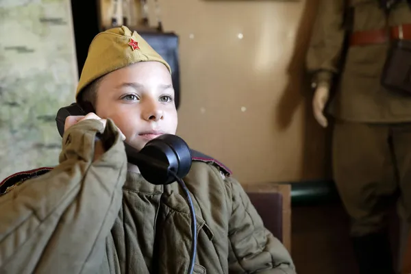 Portrait Boy Uniform Red Army Telephone Receiver — Stock Photo, Image