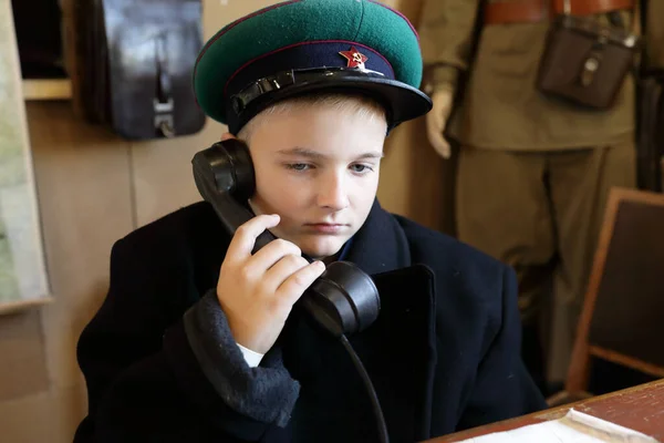 Portrait Child Uniform Border Guard Telephone Receiver — Stock Photo, Image