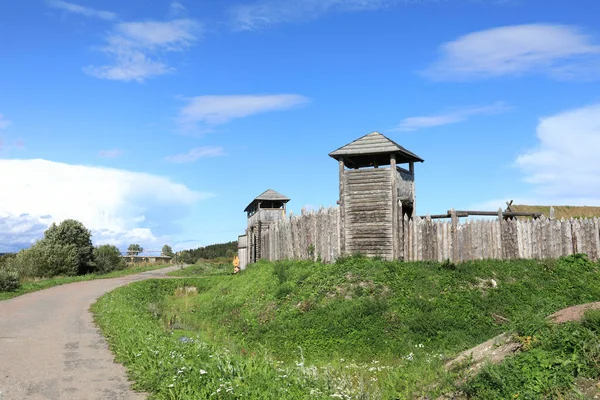 Widok Drewniane Palisady Wieżami Twierdzy Wikingów Karelia — Zdjęcie stockowe