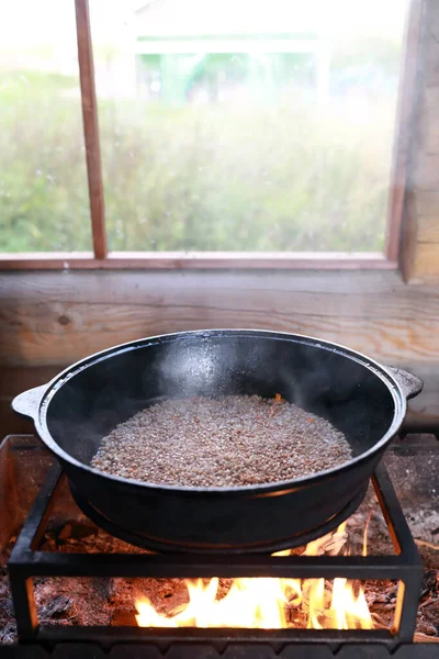 Cooking Buckwheat Porridge Cauldron Fire Gazebo — Stock Photo, Image