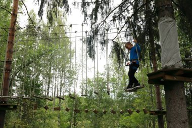 Çocuk halat parkında engelleri aşıyor, Karelia.