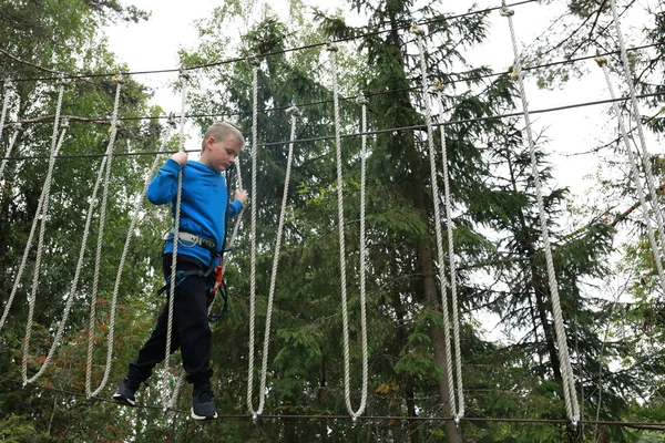 Boy Passing Obstacle Course Forest Karelia — Stock Photo, Image