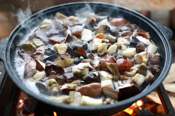 Boiling Boletus Mushrooms Cauldron Fire Karelia — Stock Photo, Image