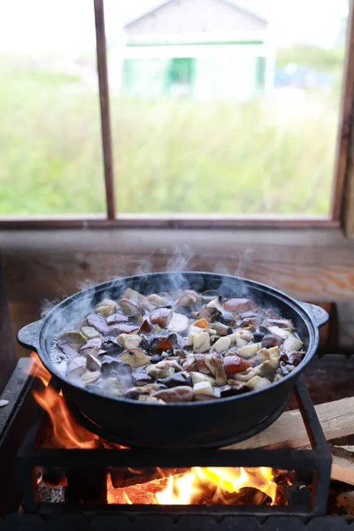 Cooking Boletus Cauldron Fire Gazebo Karelia — Stock Photo, Image