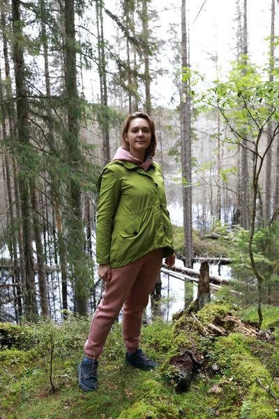 Woman Background Flooded Lake Karelia — Stock Photo, Image