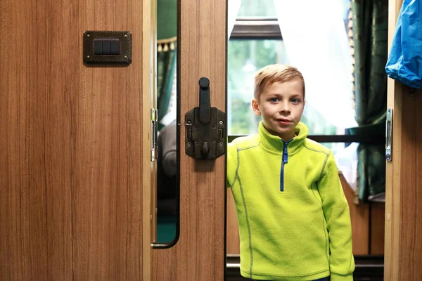 Portrait Boy Doorway Train Compartment — Stock Photo, Image