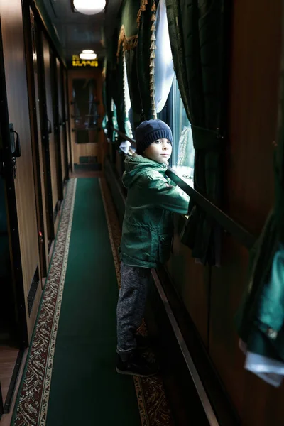 Portrait Child Retro Train Carriage — Stock Photo, Image