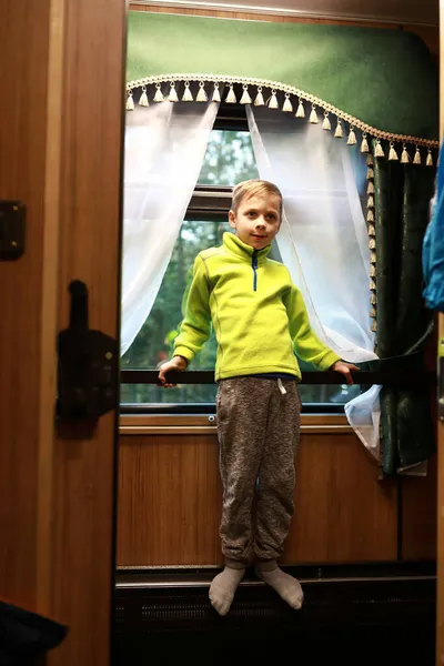 Portrait Kid Doorway Train Compartment — Stock Photo, Image