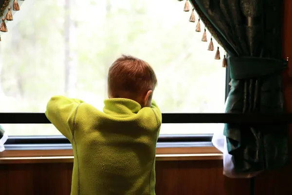 Child Looking Out Window Carriage Retro Train Russia — Stock Photo, Image