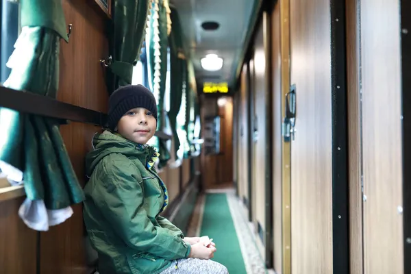 Portrait Boy Retro Train Carriage — Stock Photo, Image