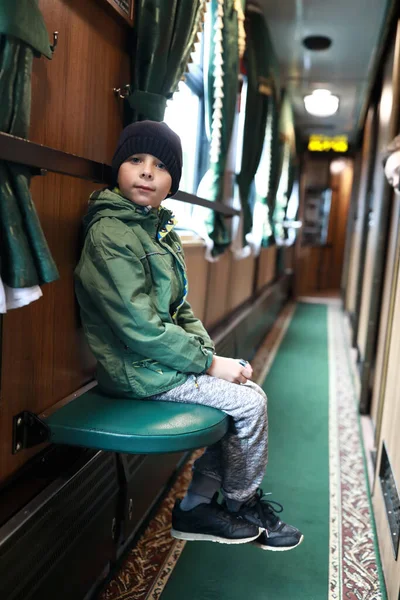 Portrait Kid Retro Train Carriage — Stock Photo, Image