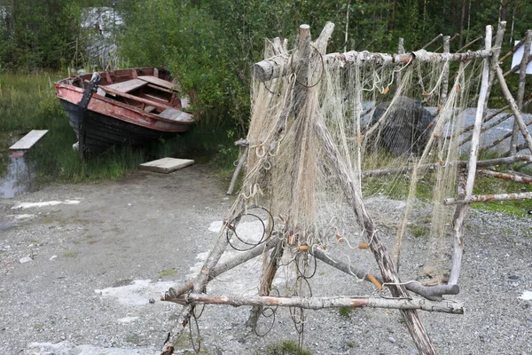 Gamla Fiskenät Hängande Träställning Karelen — Stockfoto