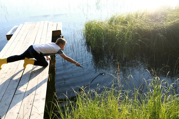 夏は湖のそばの木橋で遊ぶ子供たち カレリア — ストック写真