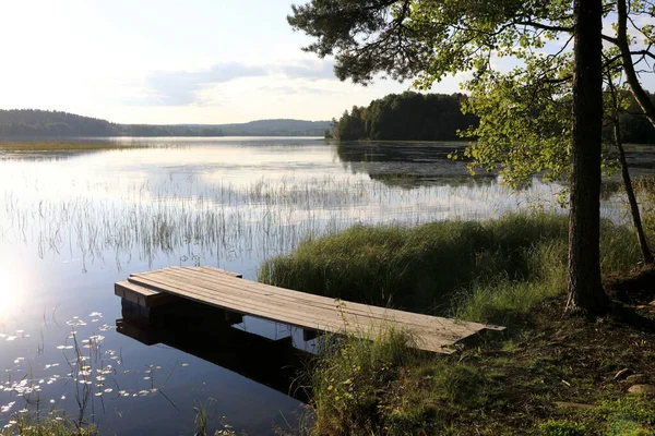 Puente Madera Lago Verano Karelia —  Fotos de Stock