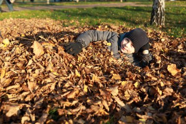 Parkta sonbahar yapraklarında yatan çocuk.