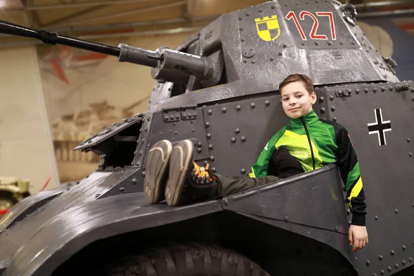 Portrait Child Sitting French Armoured Vehicle Panhard Amd — Fotografia de Stock