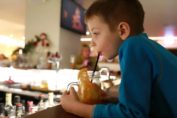 Boy Drinking Lemonade Ice Bar Restaurant — Stock Photo, Image