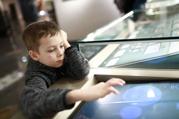 Porträt Eines Jungen Spielt Mit Touchscreen Entertainment Center — Stockfoto