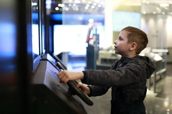 Portrait Boy Playing Car Race Game — Stok Foto