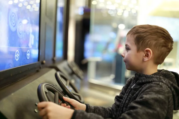 Portrait Child Playing Racing Simulator Game — Stok Foto